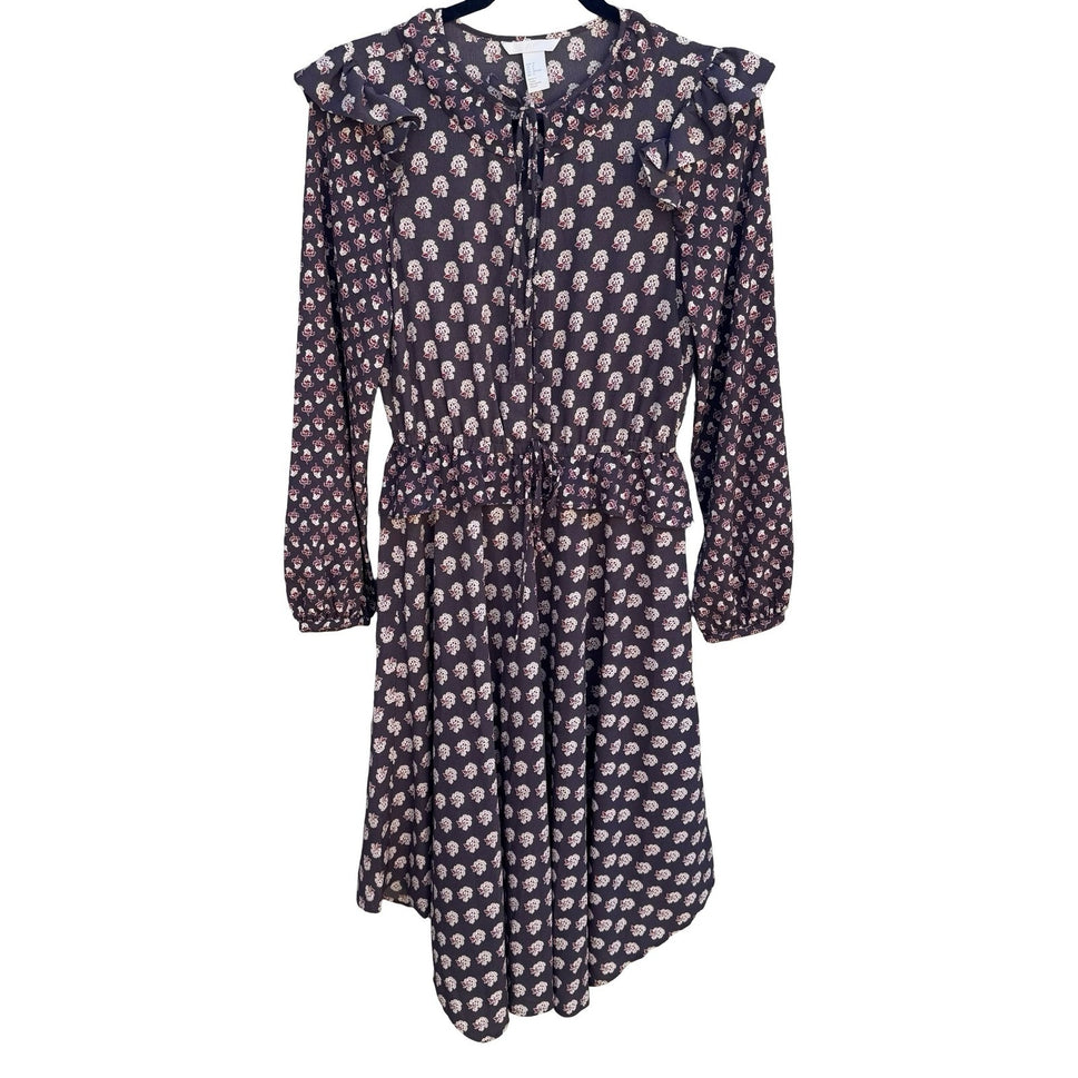 HM Womens 0 Floral Ruffle Midi Dress Brown Boho Long Sleeve Keyhole Tie Neck
