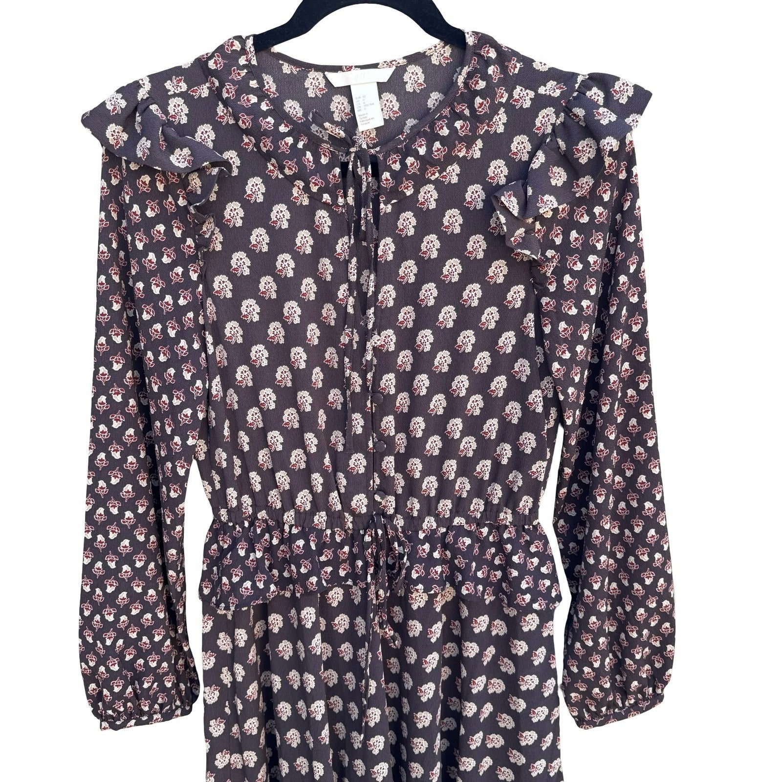 HM Womens 0 Floral Ruffle Midi Dress Brown Boho Long Sleeve Keyhole Tie Neck