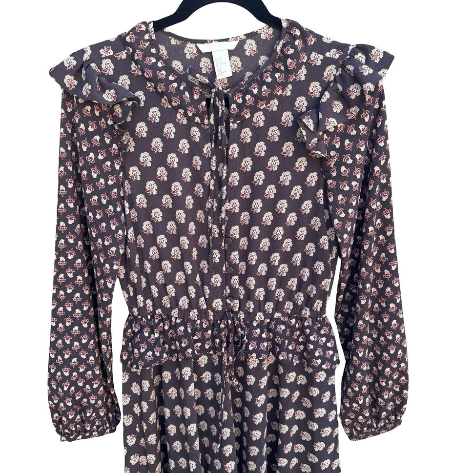 HM Womens 0 Floral Ruffle Midi Dress Brown Boho Long Sleeve Keyhole Tie Neck