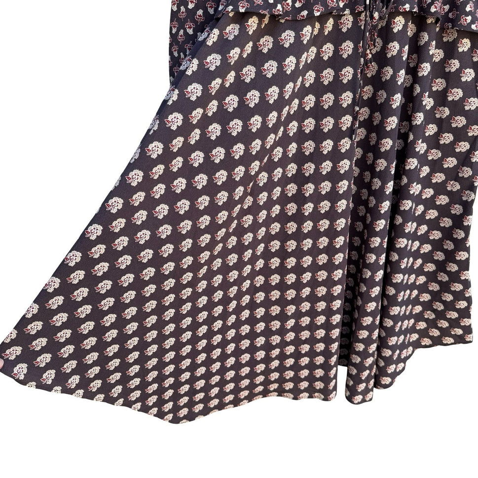 HM Womens 0 Floral Ruffle Midi Dress Brown Boho Long Sleeve Keyhole Tie Neck