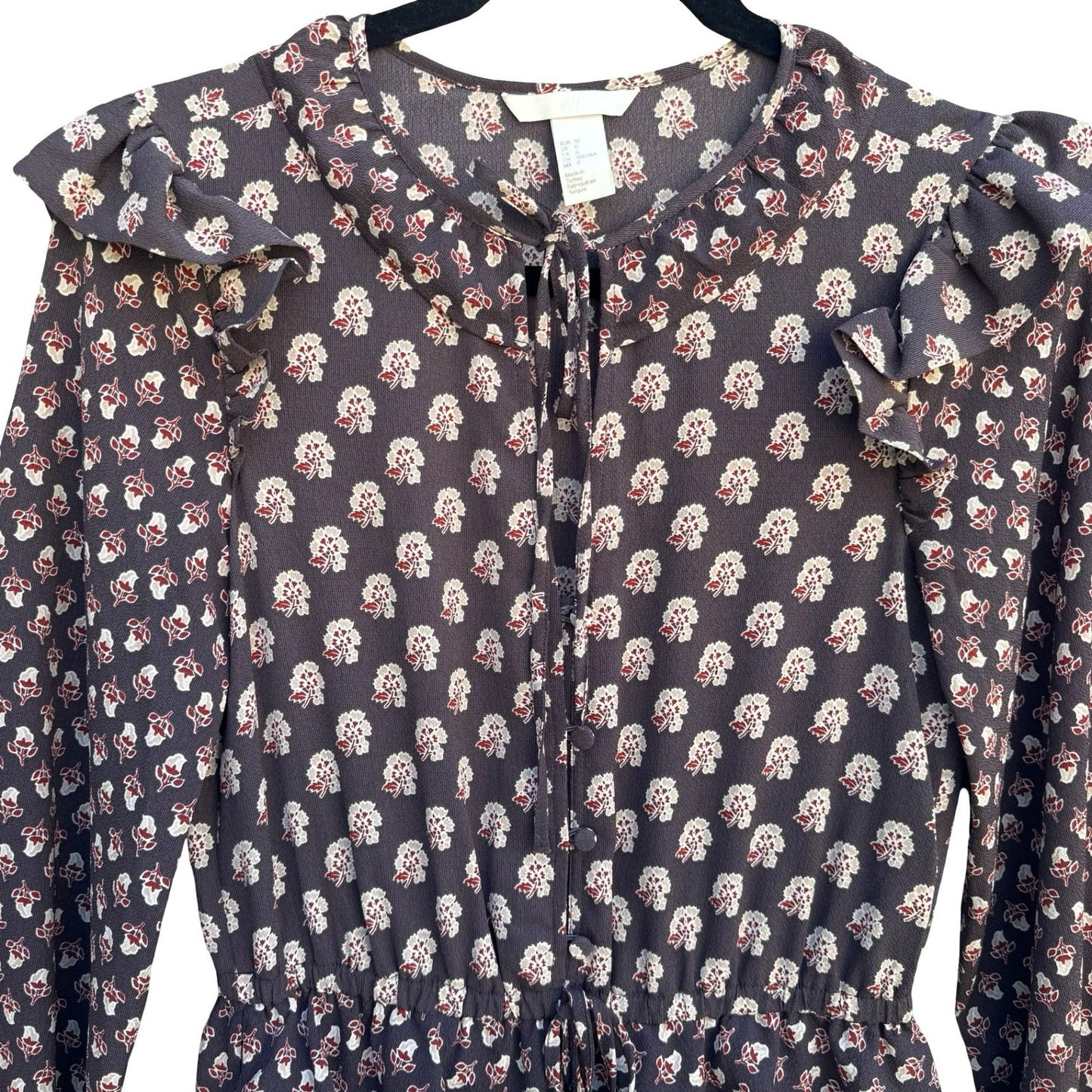 HM Womens 0 Floral Ruffle Midi Dress Brown Boho Long Sleeve Keyhole Tie Neck