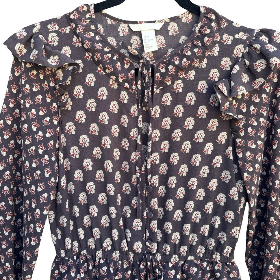 HM Womens 0 Floral Ruffle Midi Dress Brown Boho Long Sleeve Keyhole Tie Neck