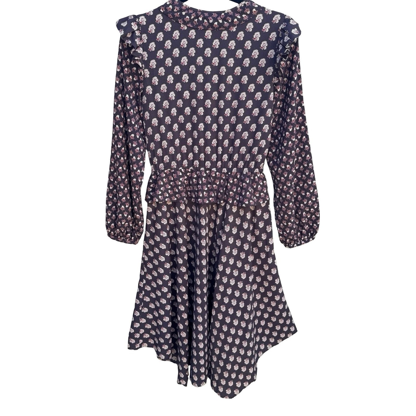 HM Womens 0 Floral Ruffle Midi Dress Brown Boho Long Sleeve Keyhole Tie Neck