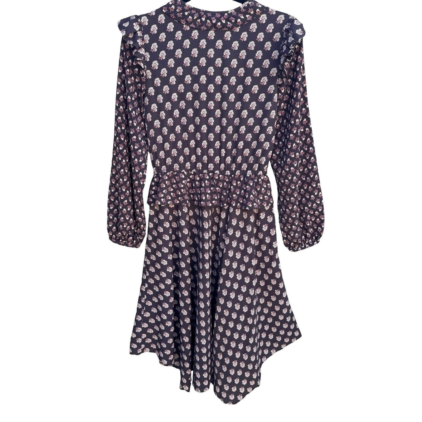 HM Womens 0 Floral Ruffle Midi Dress Brown Boho Long Sleeve Keyhole Tie Neck