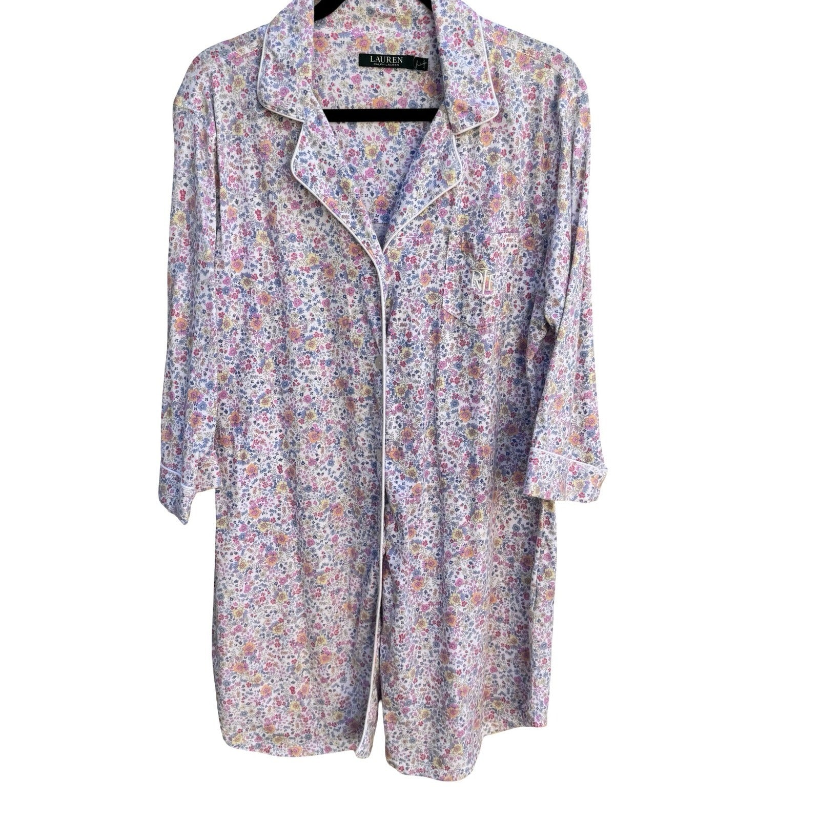 Lauren Ralph Lauren Floral Sleep Shirt Large Button Front Long Sleeve Monogram