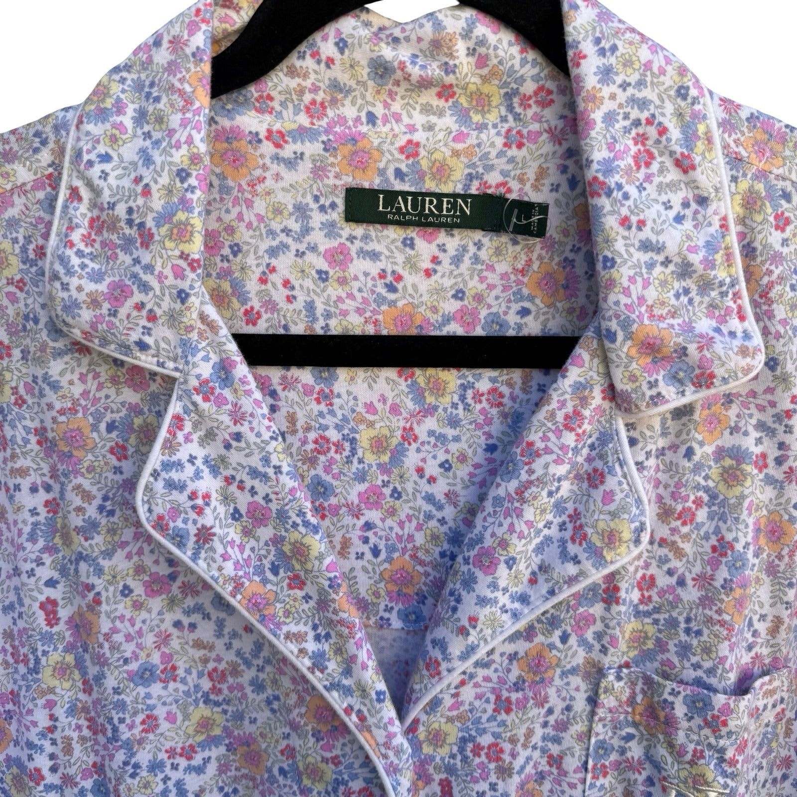 Lauren Ralph Lauren Floral Sleep Shirt Large Button Front Long Sleeve Monogram
