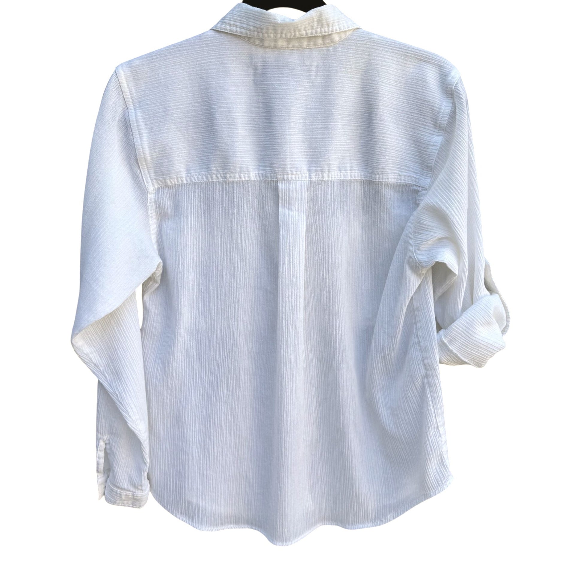 Karen Scott Vintage 80s Womens Button-Up White Woven Long Roll Tab Sleeve Top S