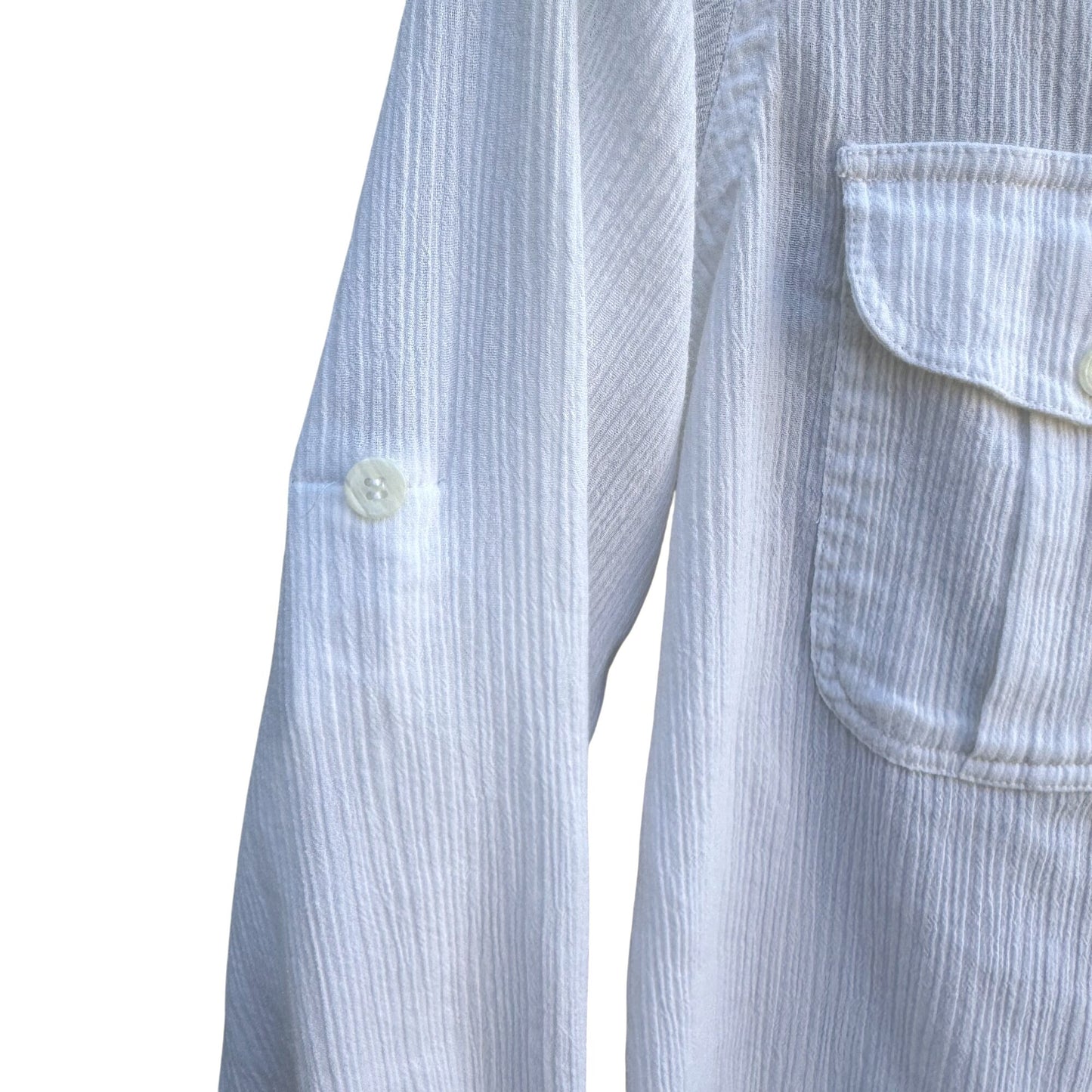 Karen Scott Vintage 80s Womens Button-Up White Woven Long Roll Tab Sleeve Top S