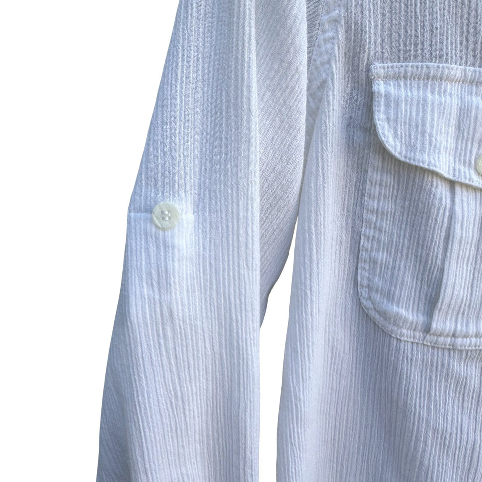 Karen Scott Vintage 80s Womens Button-Up White Woven Long Roll Tab Sleeve Top S