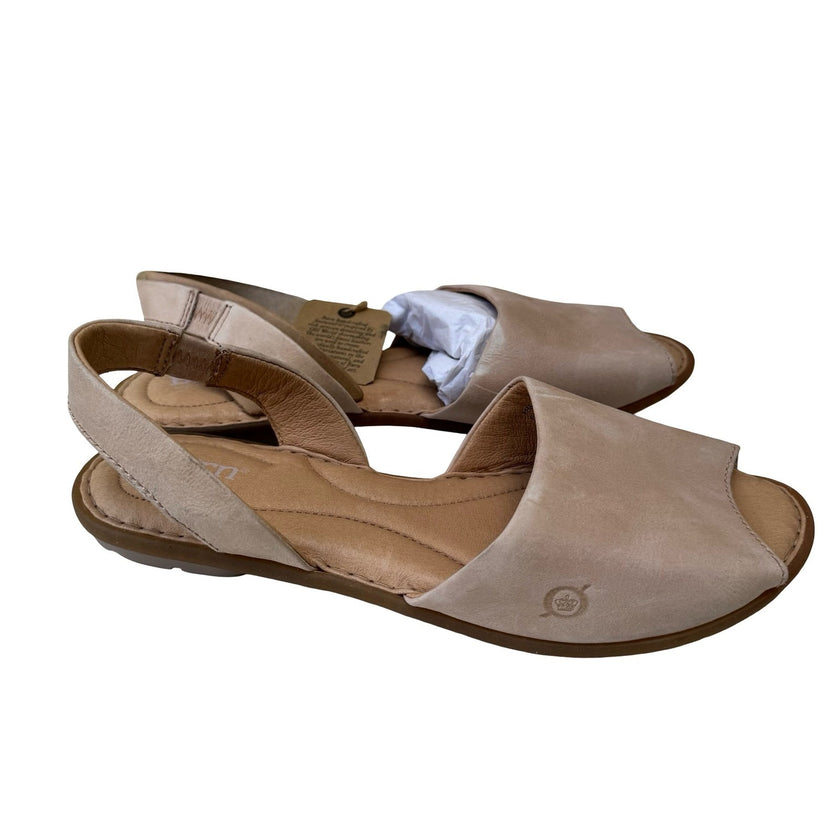 Born F18802 Handcrafted Leather Slingback Peep Toe Flat Sandals Tan 11M NEW