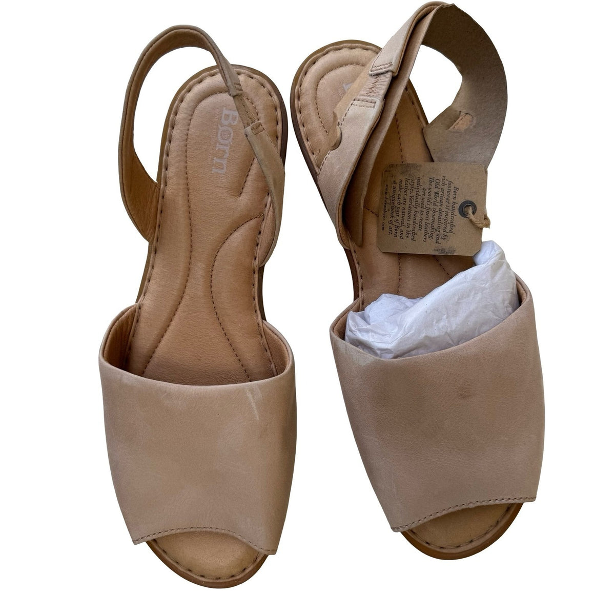 Born F18802 Handcrafted Leather Slingback Peep Toe Flat Sandals Tan 11M NEW