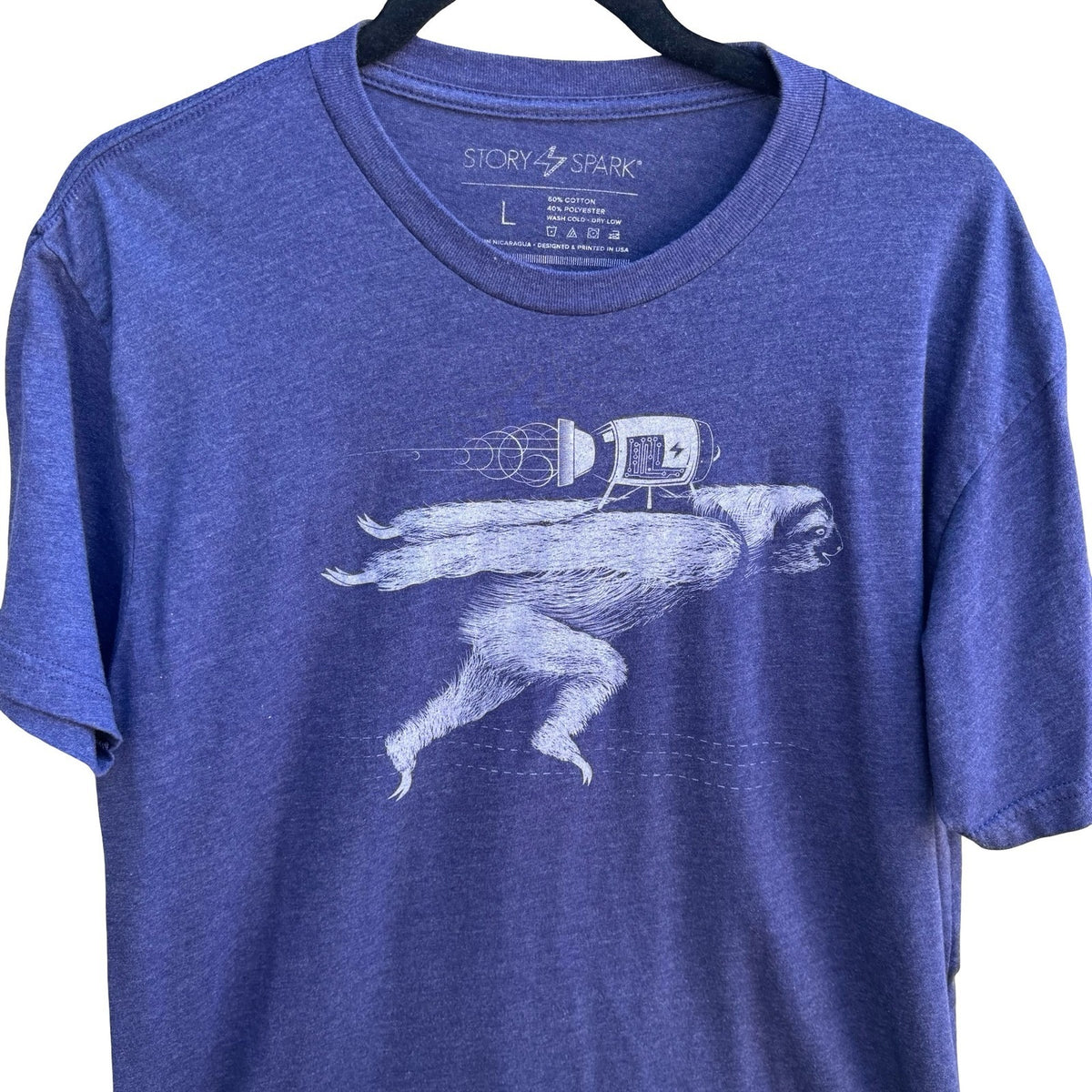 Story Spark Boooost Rocket Sloth Techwear Nerd Culture Indie Graphic Shirt L
