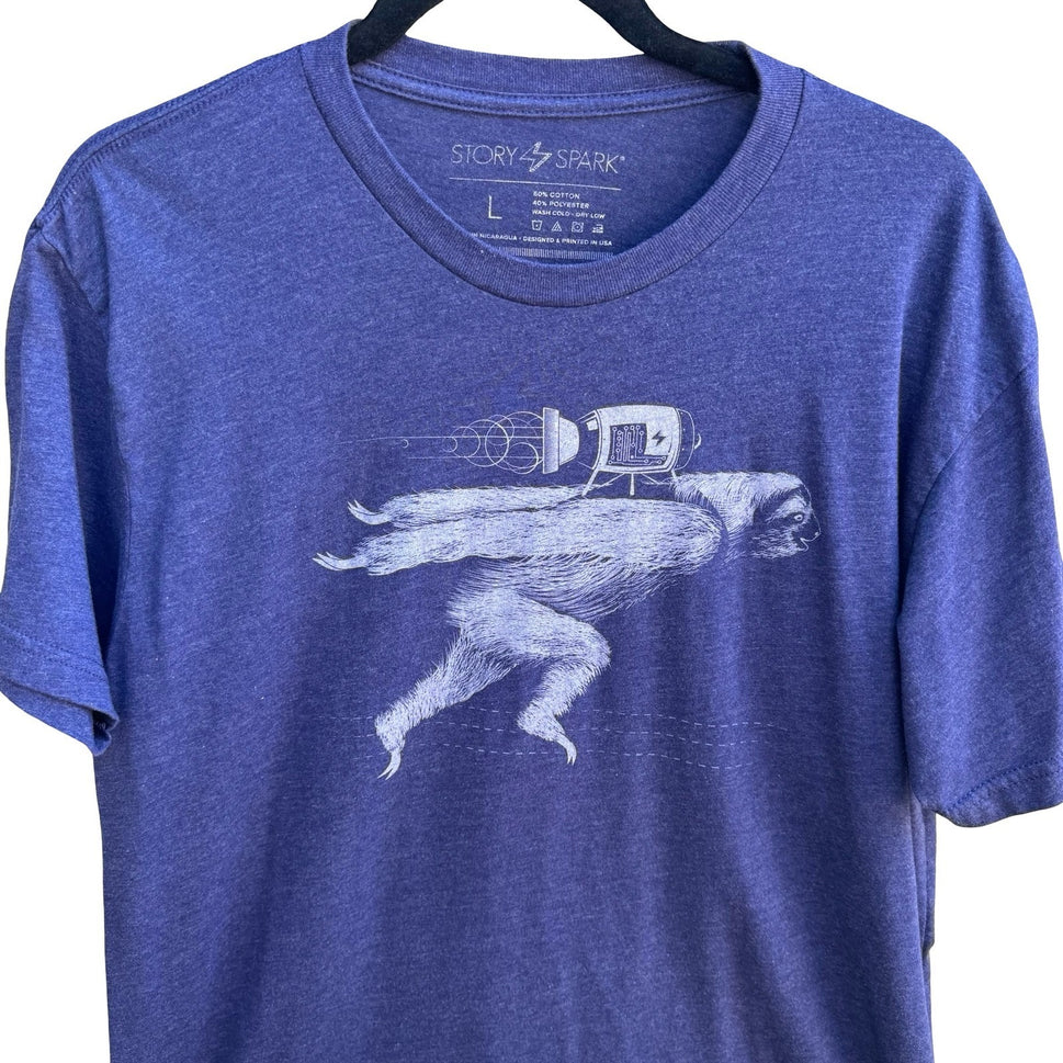 Story Spark Boooost Rocket Sloth Techwear Nerd Culture Indie Graphic Shirt L