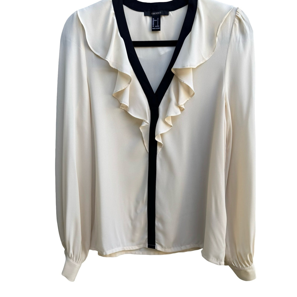 Forever 21 Coquette Romantic Parisian Ruffle V-Neck Contrast Trim Blouse Cream S