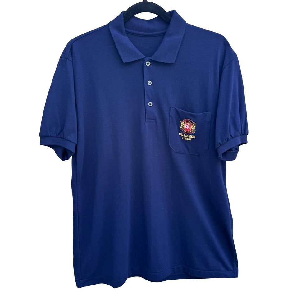 OB Lager Oriental Brewery Beer Vintage Navy Pique Polo Shirt Embroidered Logo