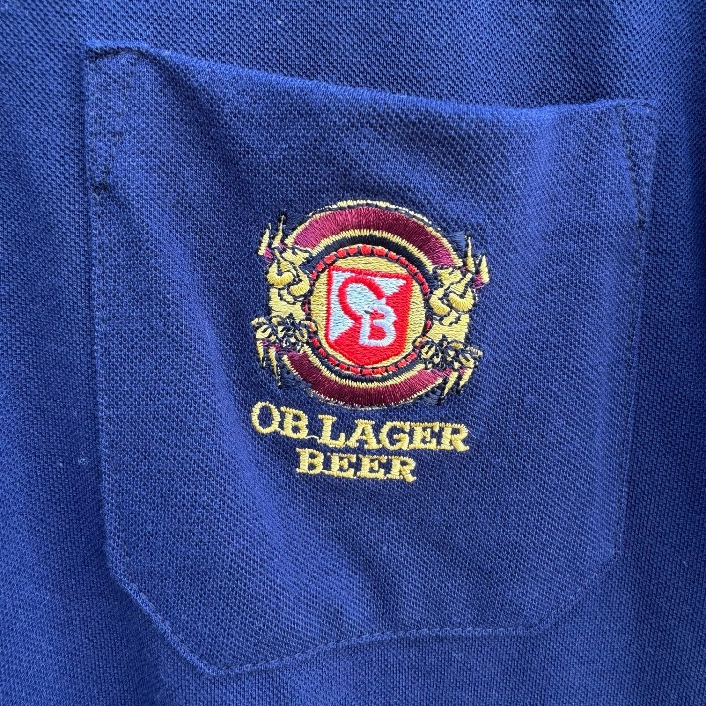 OB Lager Oriental Brewery Beer Vintage Navy Pique Polo Shirt Embroidered Logo