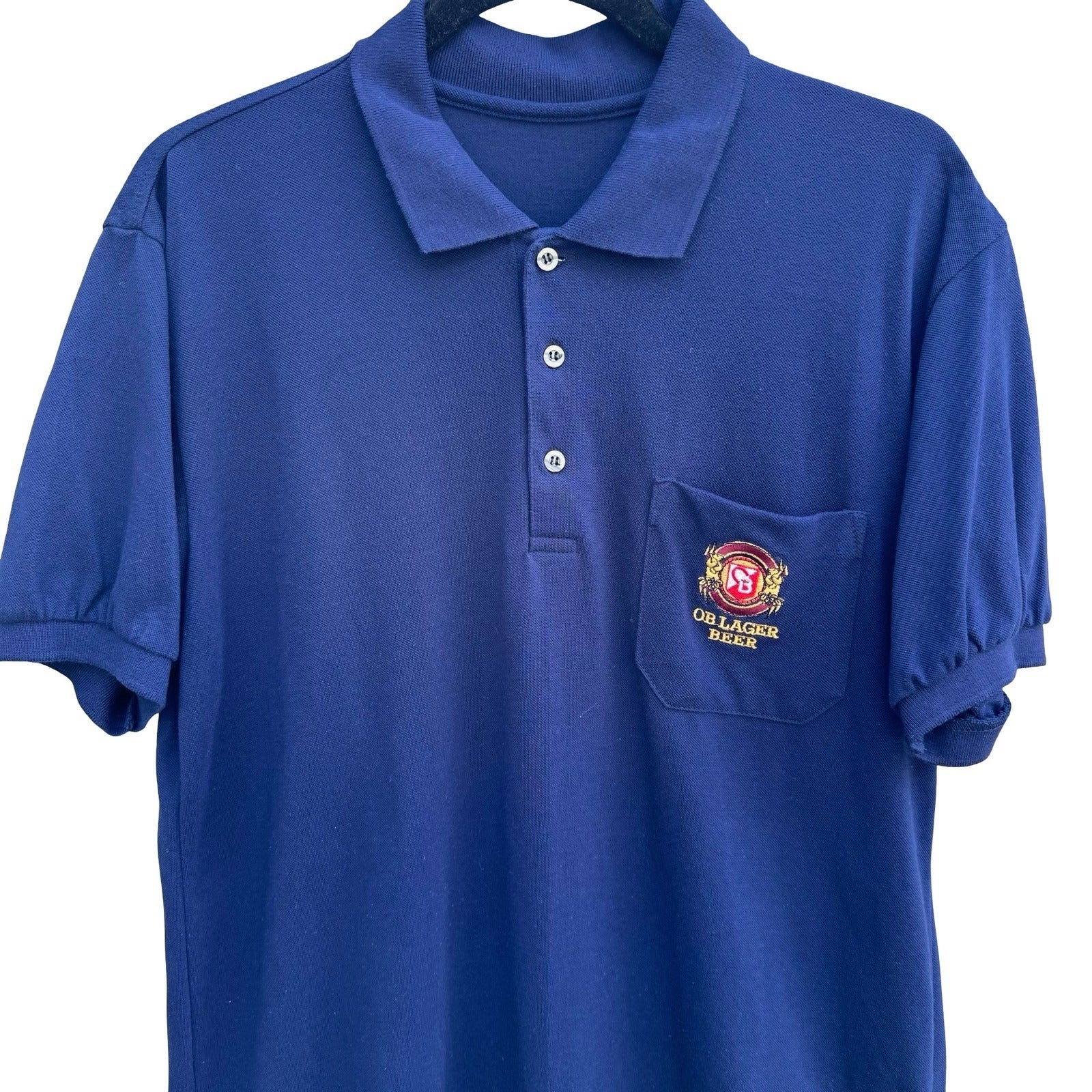 OB Lager Oriental Brewery Beer Vintage Navy Pique Polo Shirt Embroidered Logo