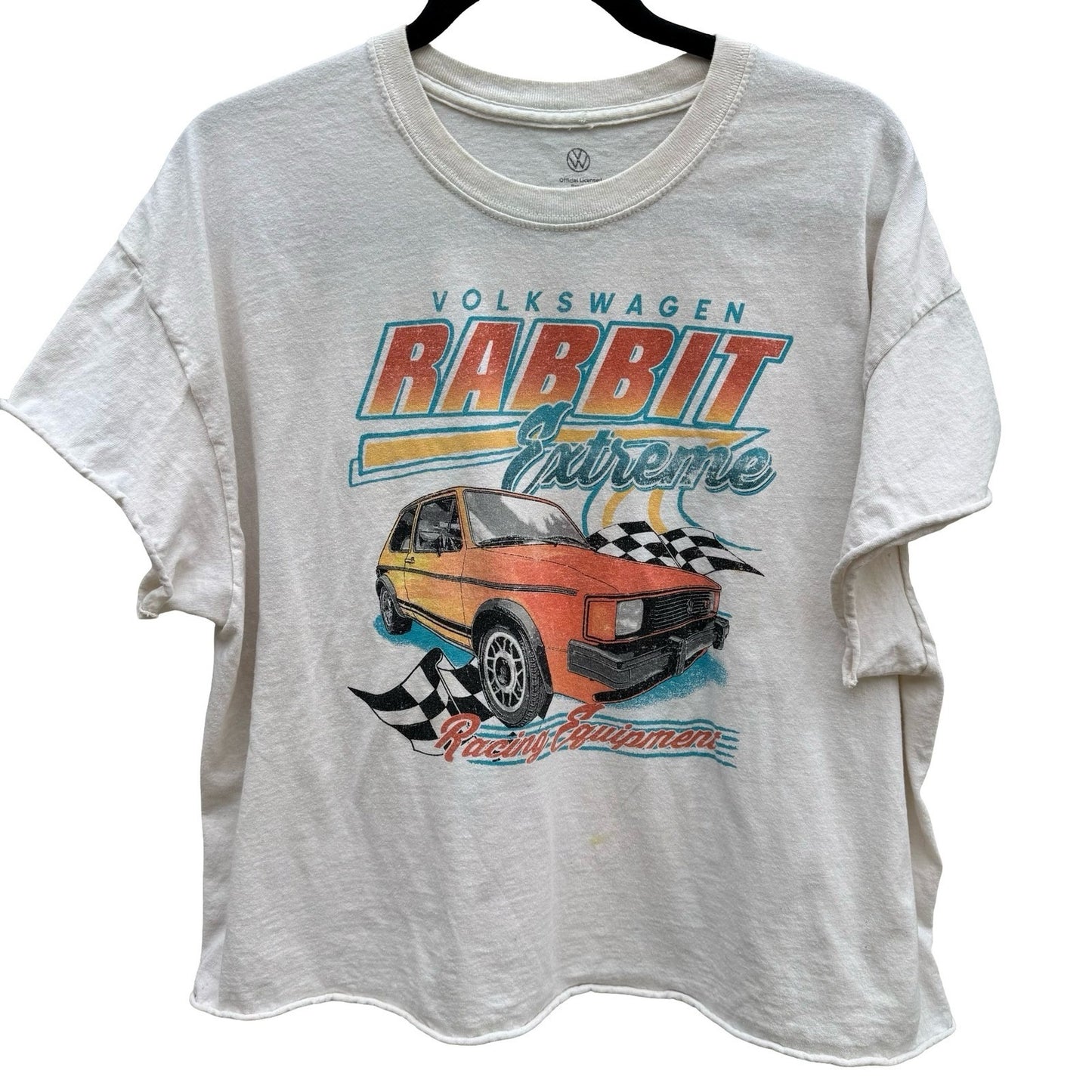 Volkswagen Rabbit Extreme Racing Graphic Tee XL Cream Cropped Boxy VW Car Shirt