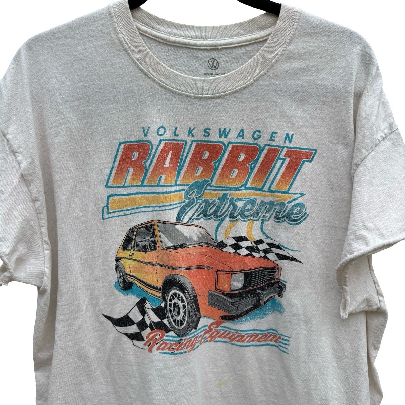 Volkswagen Rabbit Extreme Racing Graphic Tee XL Cream Cropped Boxy VW Car Shirt