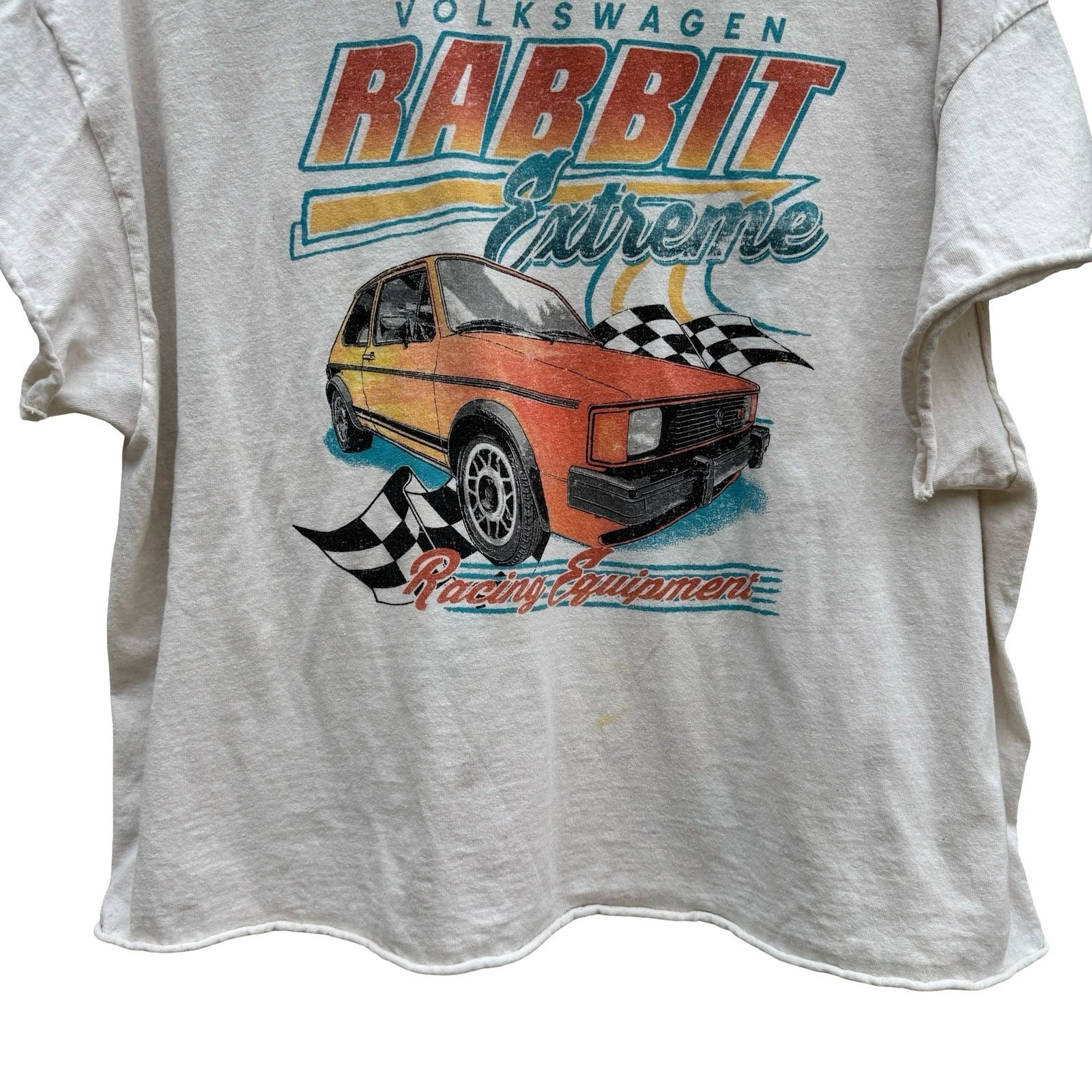 Volkswagen Rabbit Extreme Racing Graphic Tee XL Cream Cropped Boxy VW Car Shirt