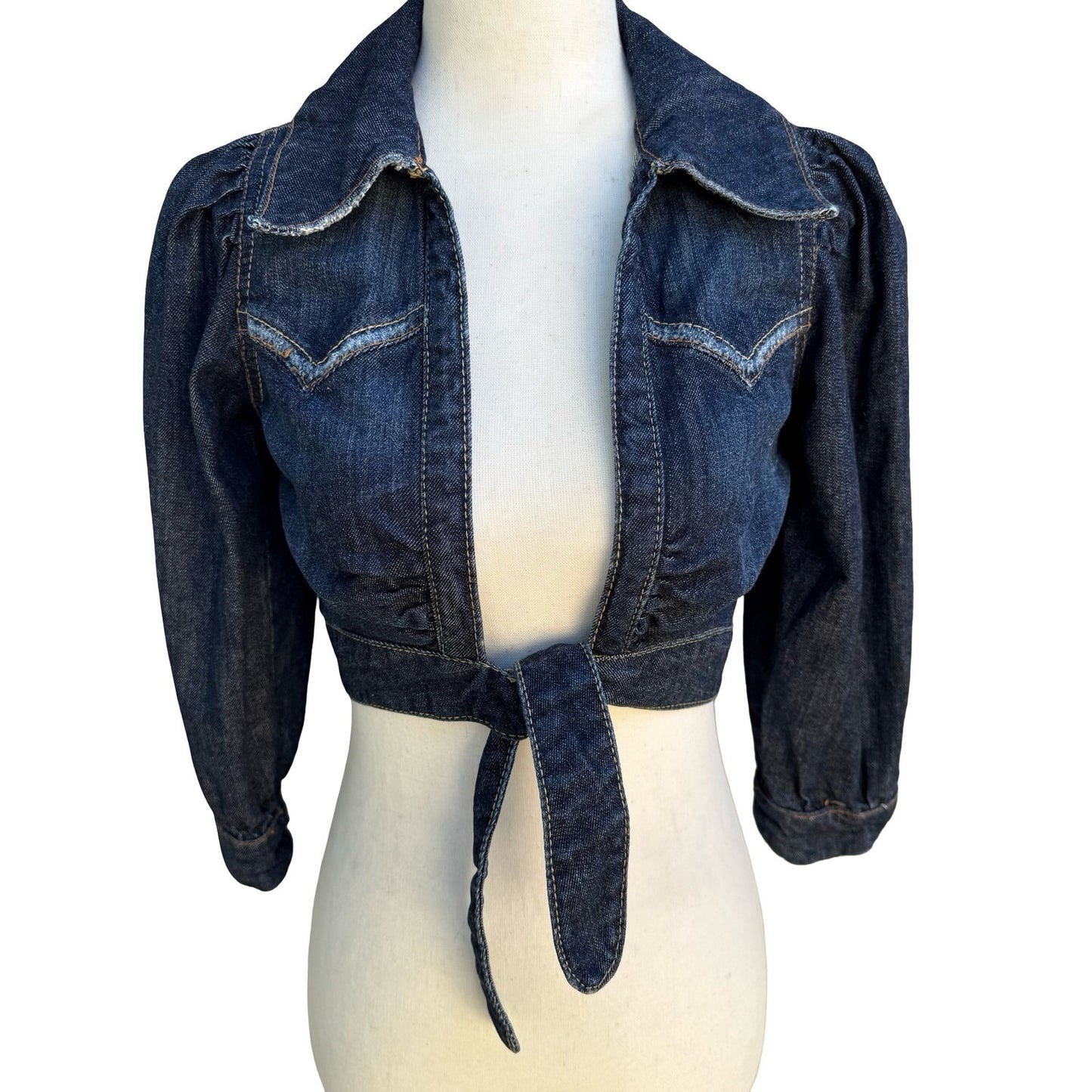 Western Cropped Denim Bolero Shrug Cowgirl Jacket Puff Sleeve Pinup Rockabilly S