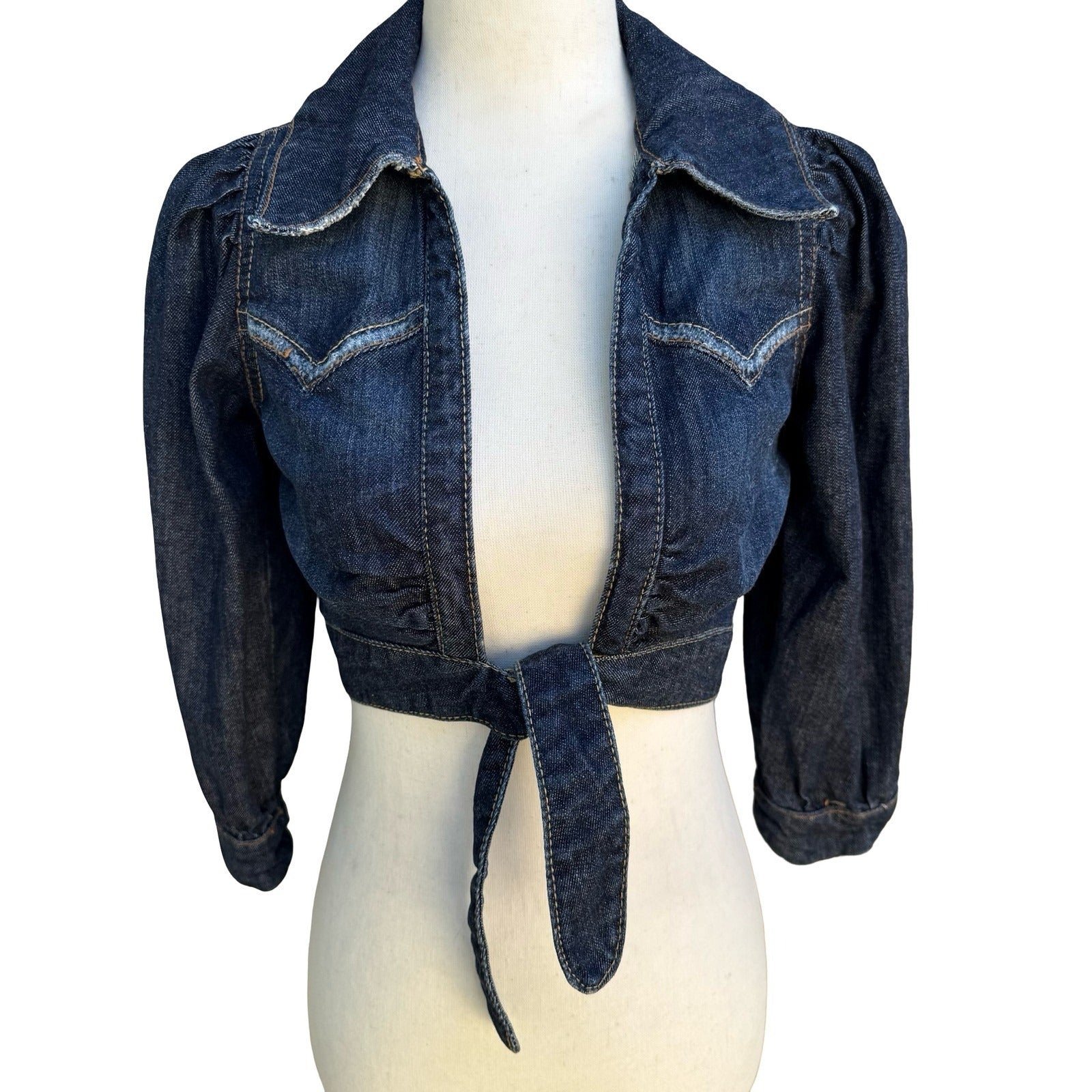 Western Cropped Denim Bolero Shrug Cowgirl Jacket Puff Sleeve Pinup Rockabilly S