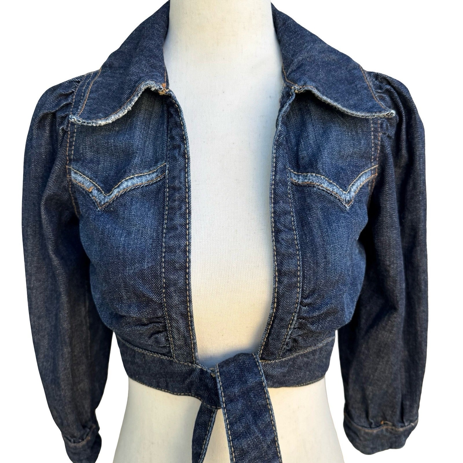 Western Cropped Denim Bolero Shrug Cowgirl Jacket Puff Sleeve Pinup Rockabilly S