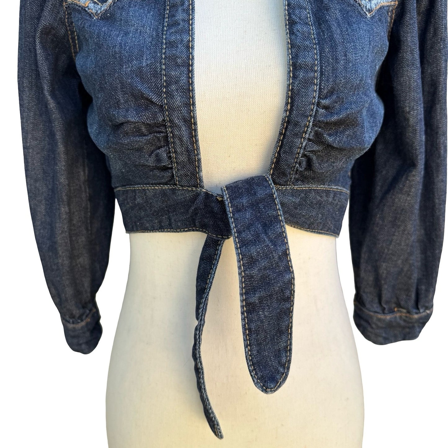 Western Cropped Denim Bolero Shrug Cowgirl Jacket Puff Sleeve Pinup Rockabilly S