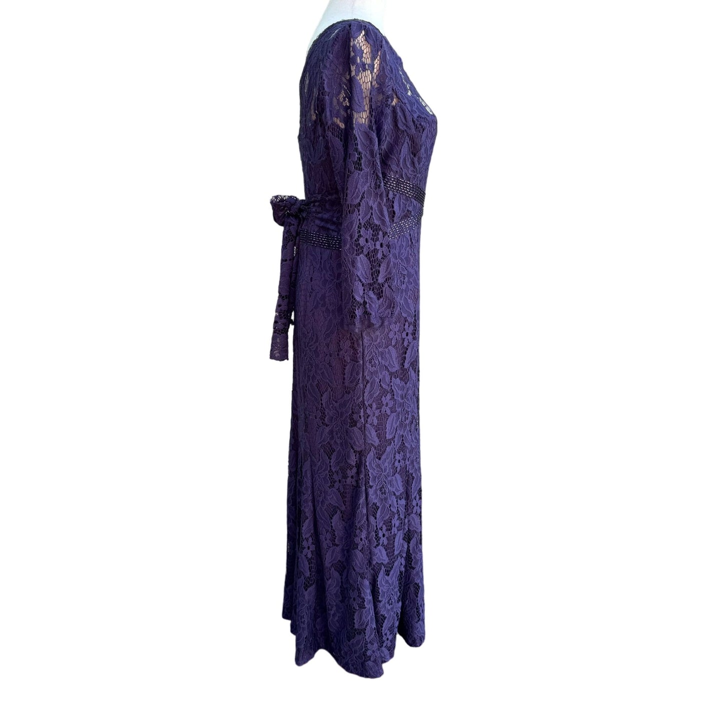 Adrianna Papell Womens Glam Purple Illusion Lace Beaded Waist Long Sleeve Gown