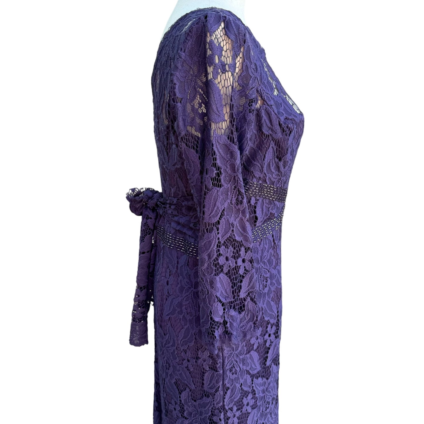 Adrianna Papell Womens Glam Purple Illusion Lace Beaded Waist Long Sleeve Gown