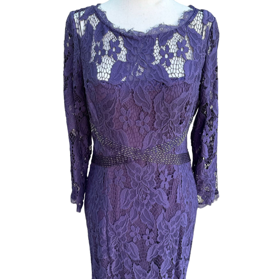 Adrianna Papell Womens Glam Purple Illusion Lace Beaded Waist Long Sleeve Gown