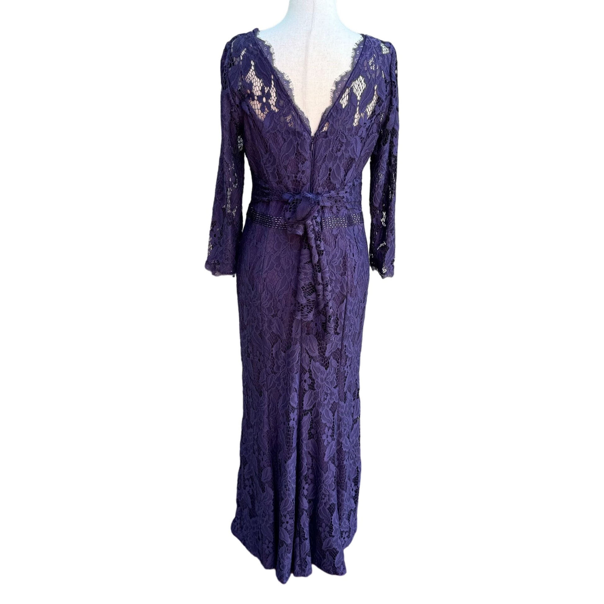 Adrianna Papell Womens Glam Purple Illusion Lace Beaded Waist Long Sleeve Gown