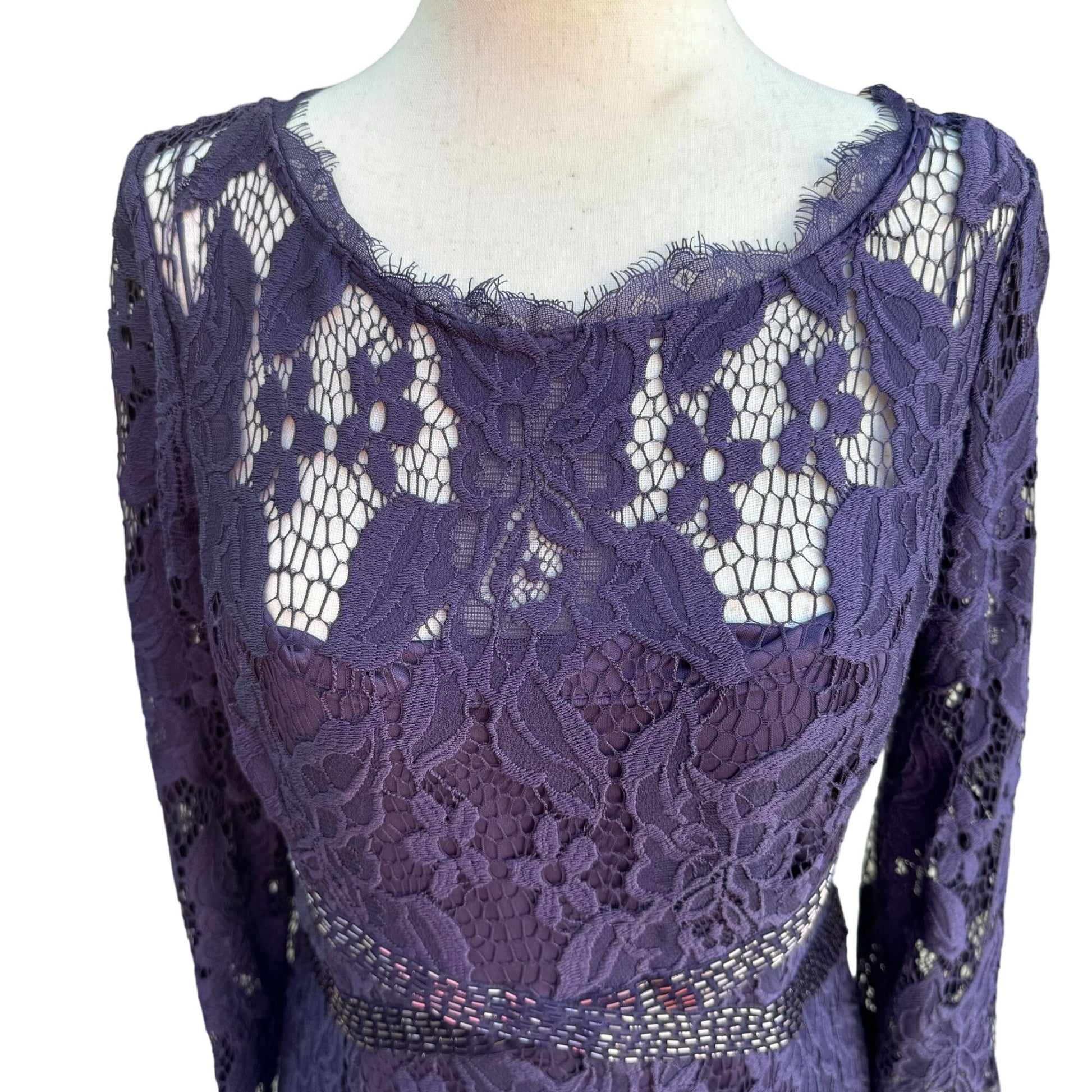 Adrianna Papell Womens Glam Purple Illusion Lace Beaded Waist Long Sleeve Gown