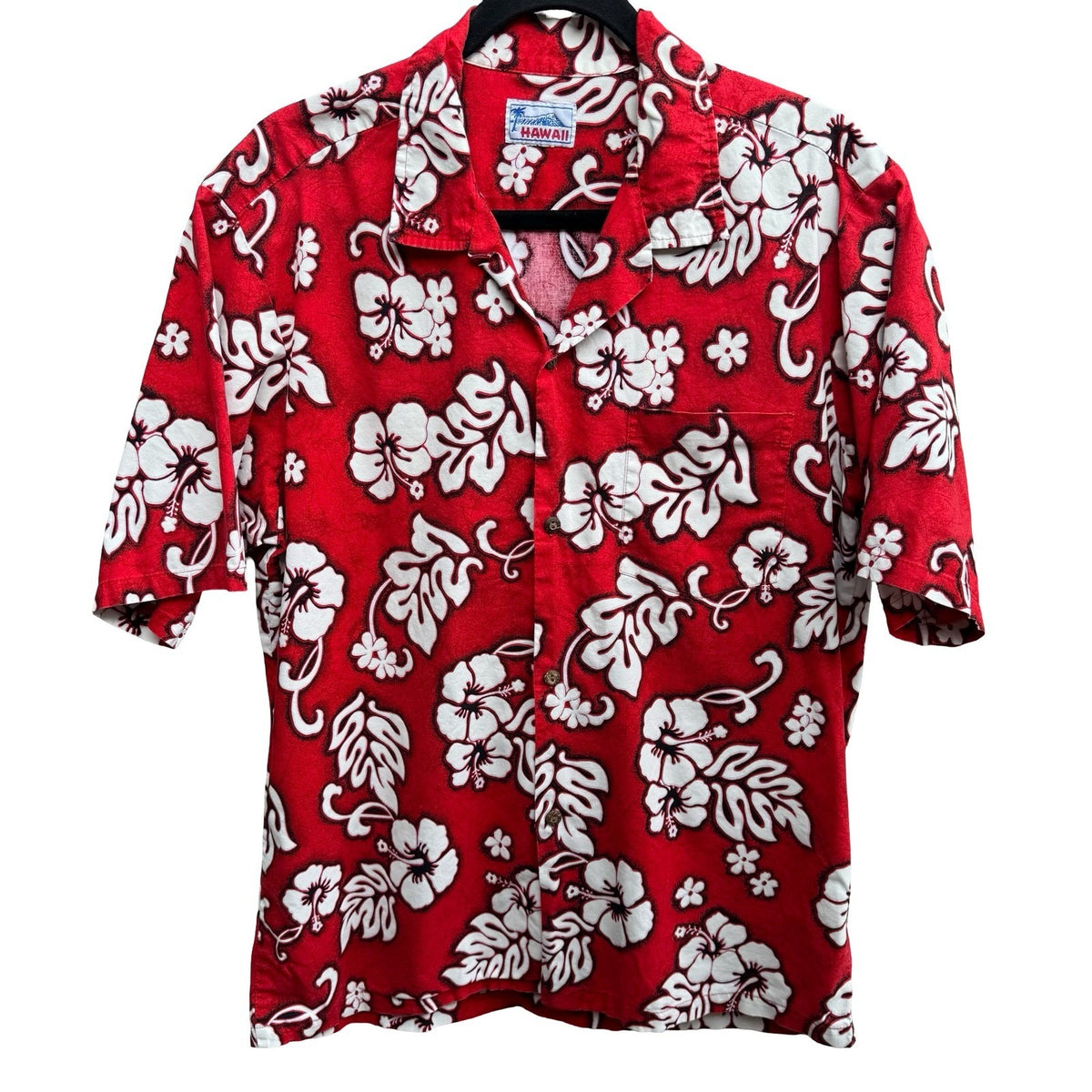 Hawaii Camp Collar Aloha Hibiscus Floral Print Hawaiian Beach Shirt Red Mens L