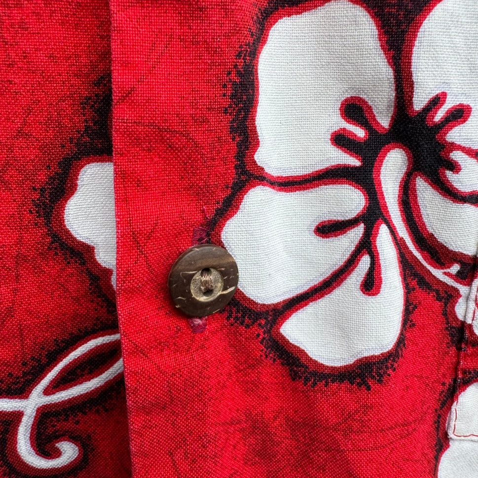 Hawaii Camp Collar Aloha Hibiscus Floral Print Hawaiian Beach Shirt Red Mens L