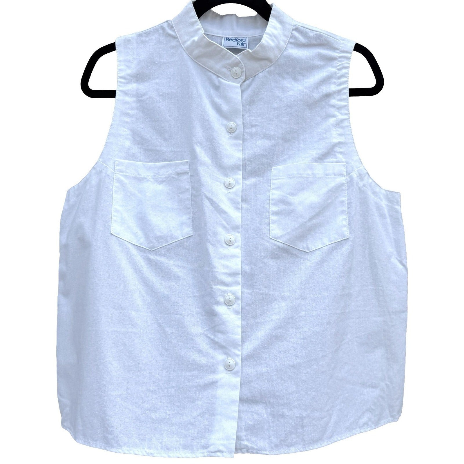 Bedford Fair Vintage 80s Womens L White Sleeveless Shirt Mandarin Collar Coastal