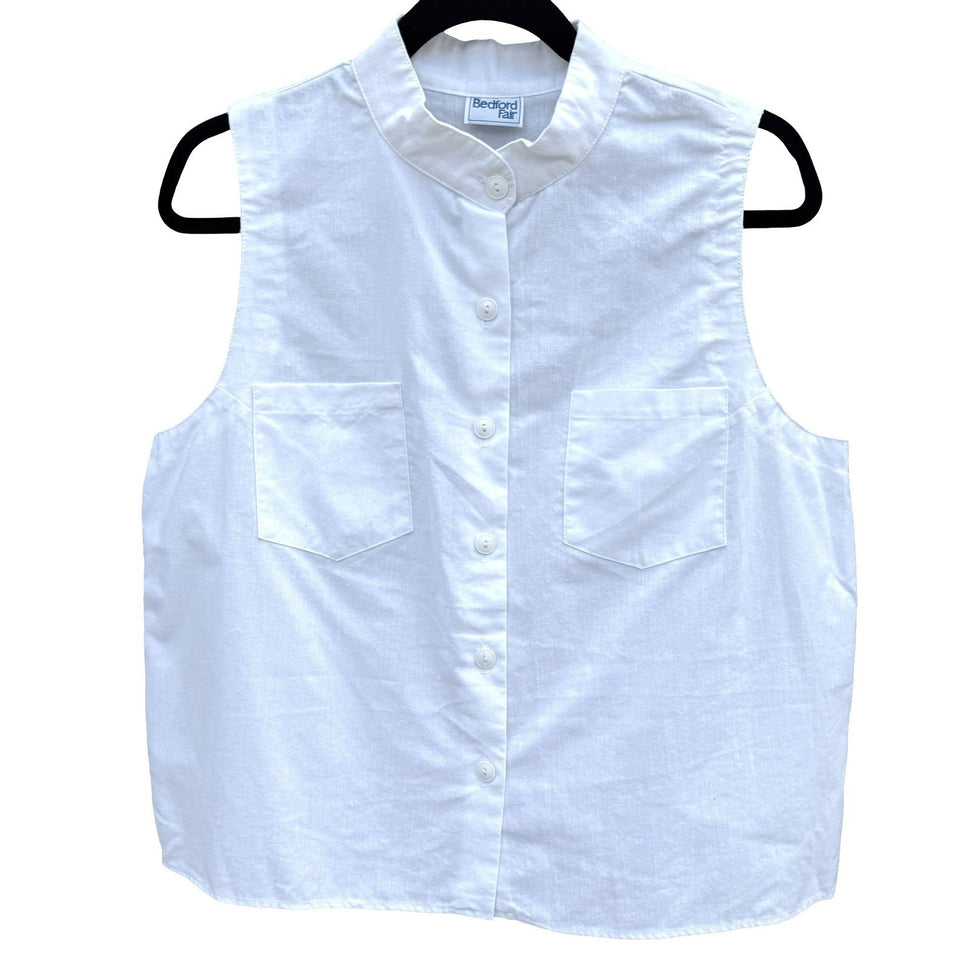 Bedford Fair Vintage 80s Womens L White Sleeveless Shirt Mandarin Collar Coastal