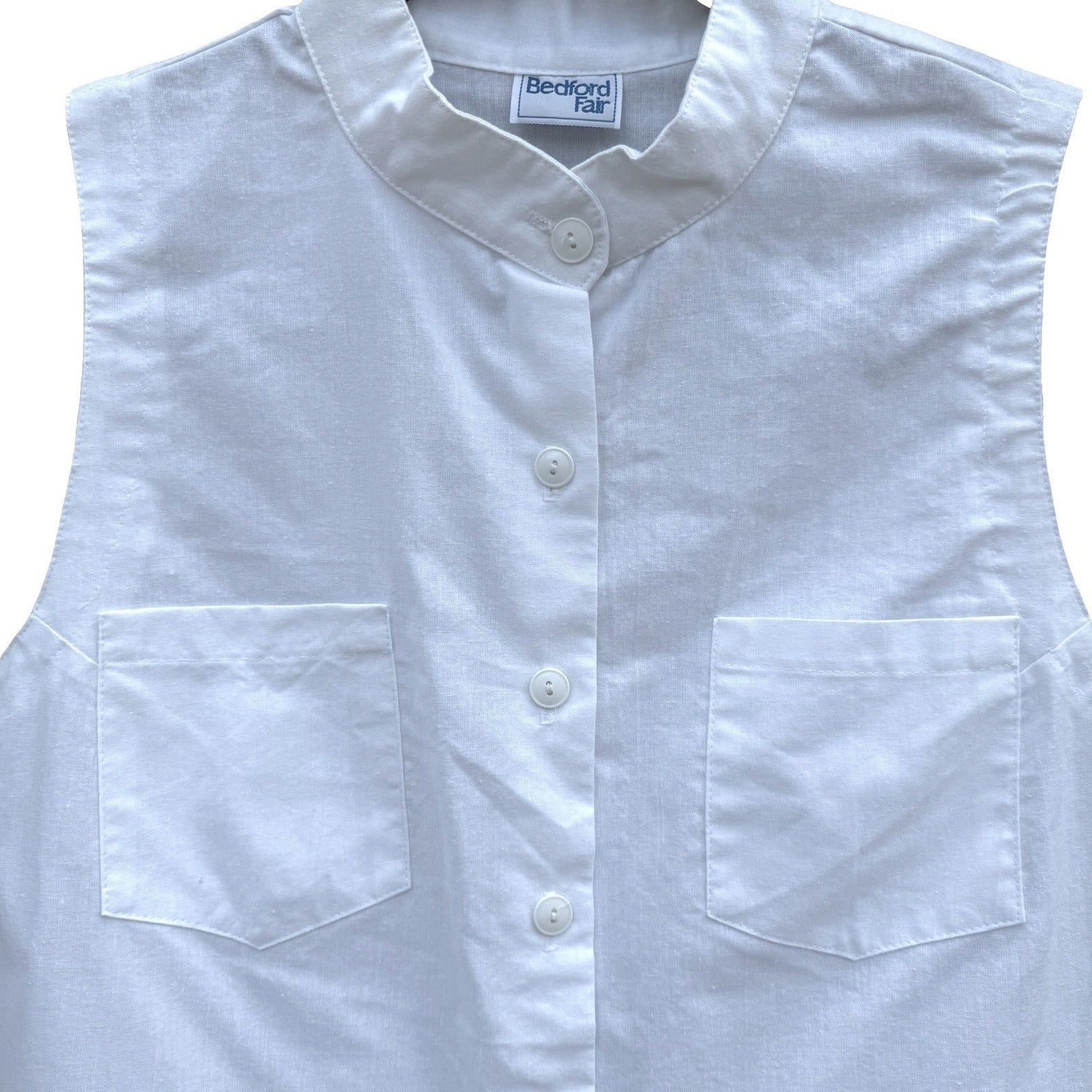 Bedford Fair Vintage 80s Womens L White Sleeveless Shirt Mandarin Collar Coastal