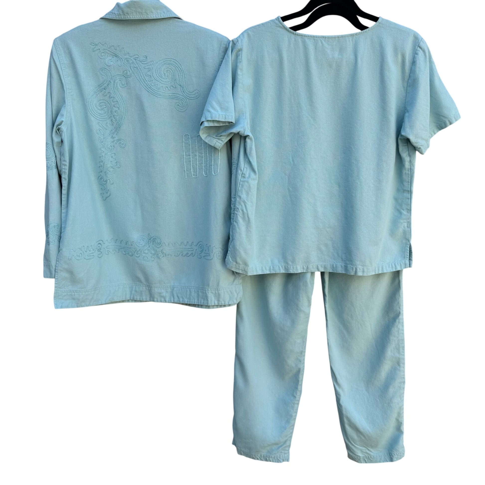 Great Cavalier Vintage Blue Embroidered Jacket Shirt Pant Set Size S 100% Silk