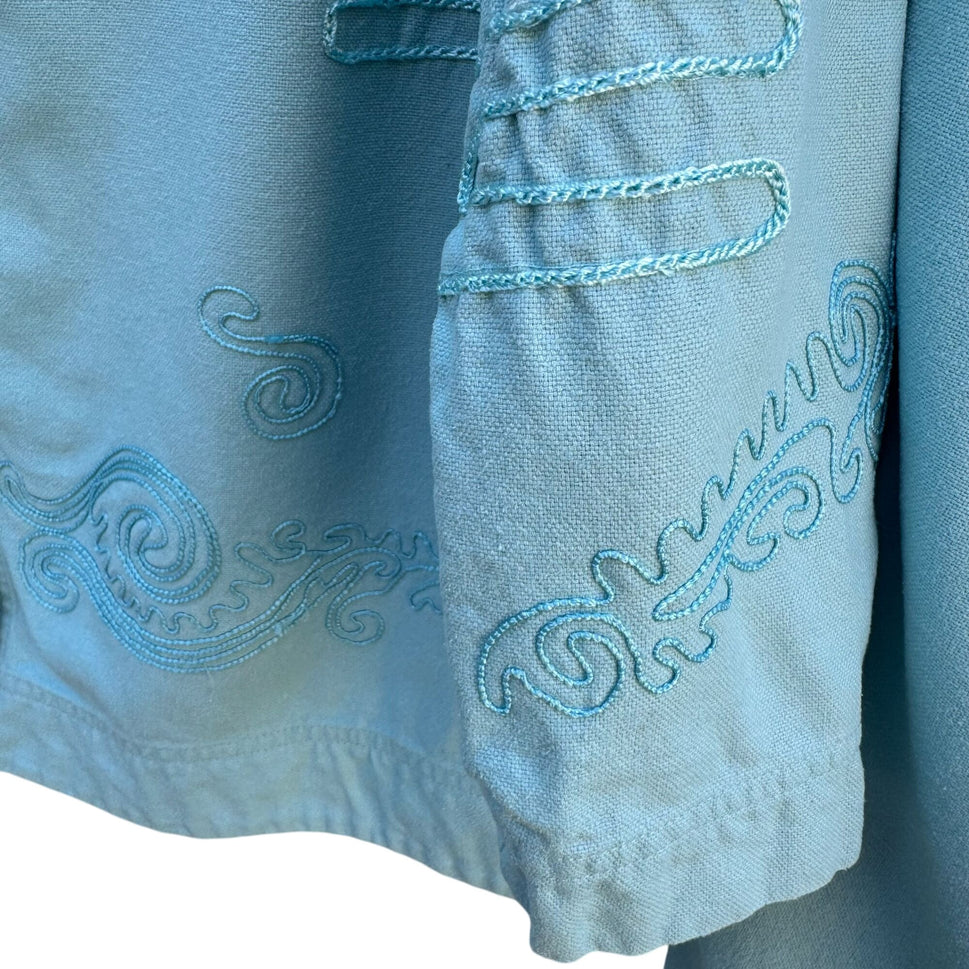 Great Cavalier Vintage Blue Embroidered Jacket Shirt Pant Set Size S 100% Silk