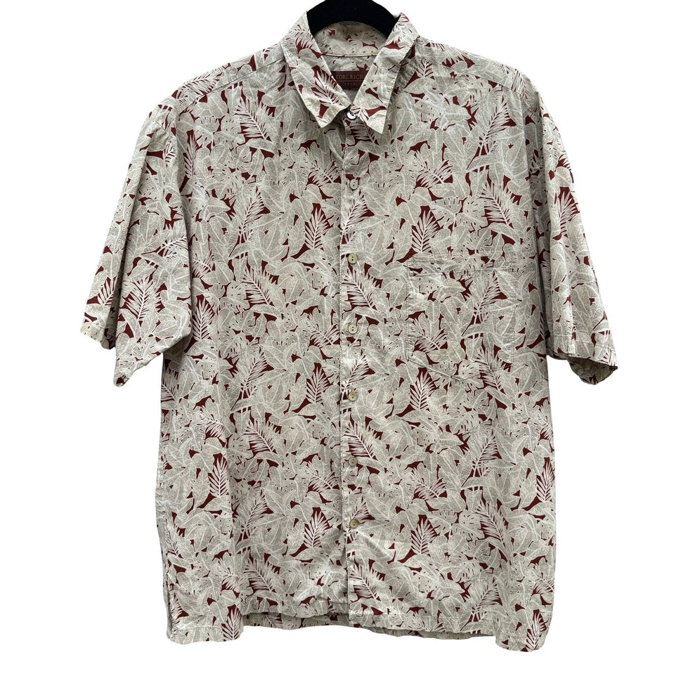 Tori Richard Honolulu Mens M Tan Tropical Leaf Cotton Lawn Hawaiian Shirt Aloha