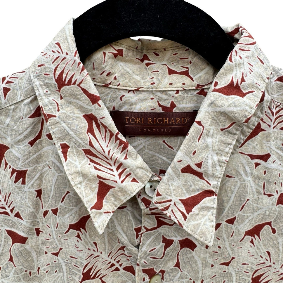 Tori Richard Honolulu Mens M Tan Tropical Leaf Cotton Lawn Hawaiian Shirt Aloha
