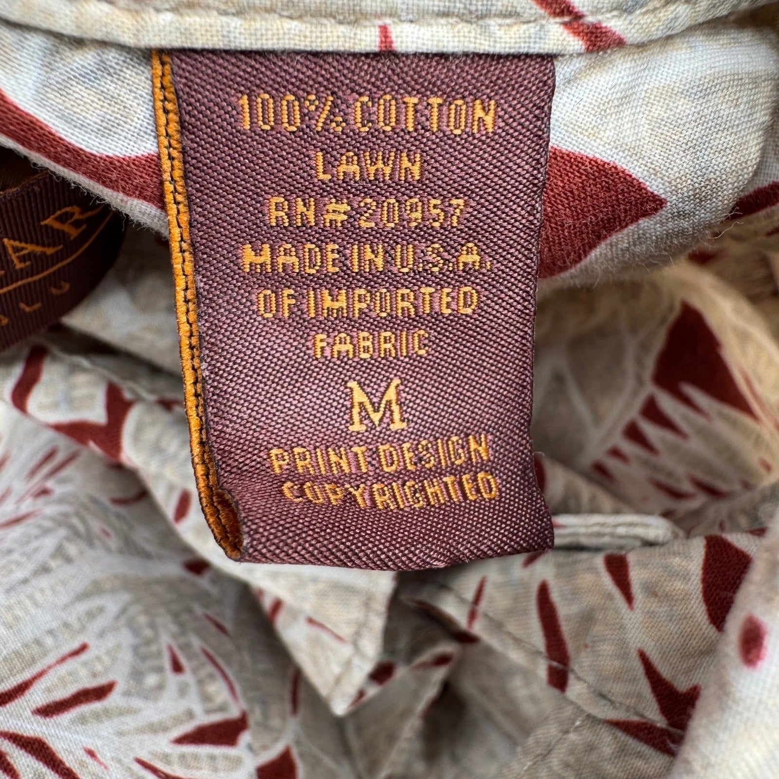 Tori Richard Honolulu Mens M Tan Tropical Leaf Cotton Lawn Hawaiian Shirt Aloha