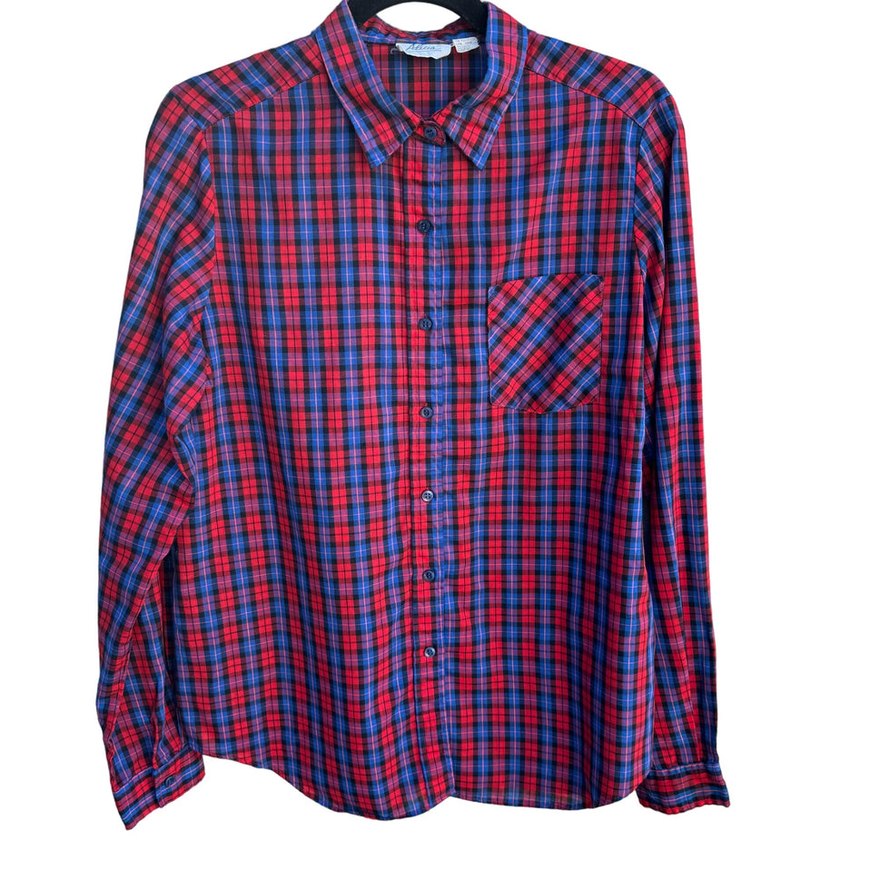 Alicia Vintage Womens Red Blue Retro Plaid Button-Up Long Sleeve Shirt Blouse 12