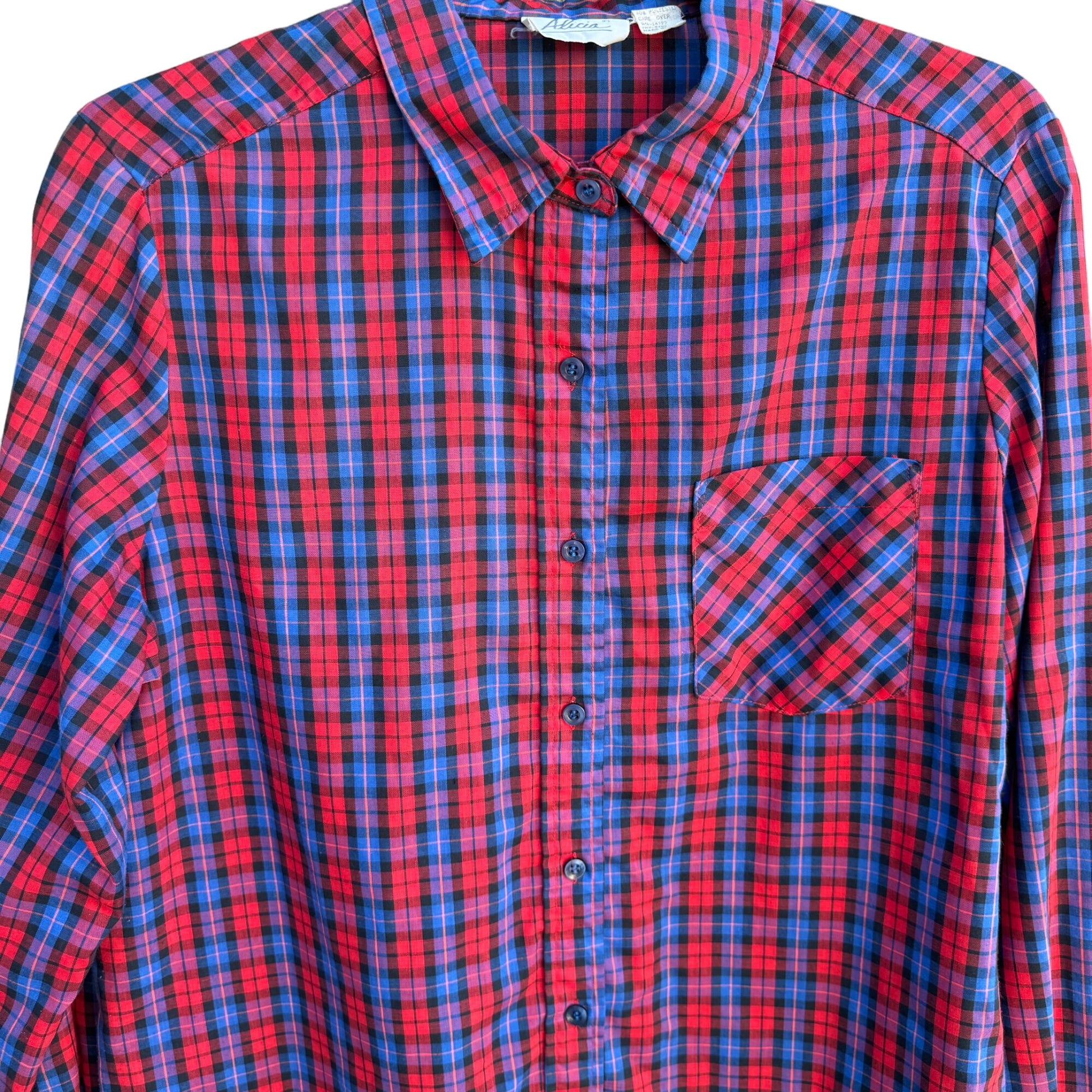 Alicia Vintage Womens Red Blue Retro Plaid Button-Up Long Sleeve Shirt Blouse 12