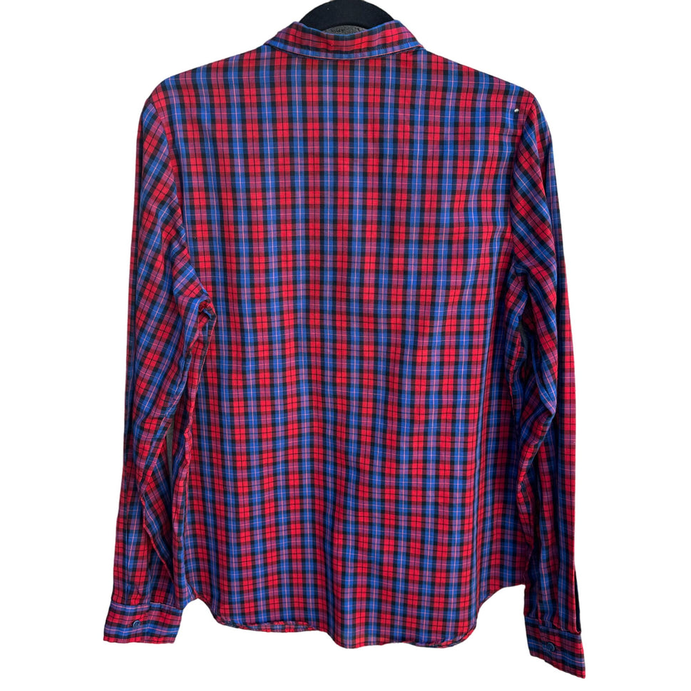 Alicia Vintage Womens Red Blue Retro Plaid Button-Up Long Sleeve Shirt Blouse 12