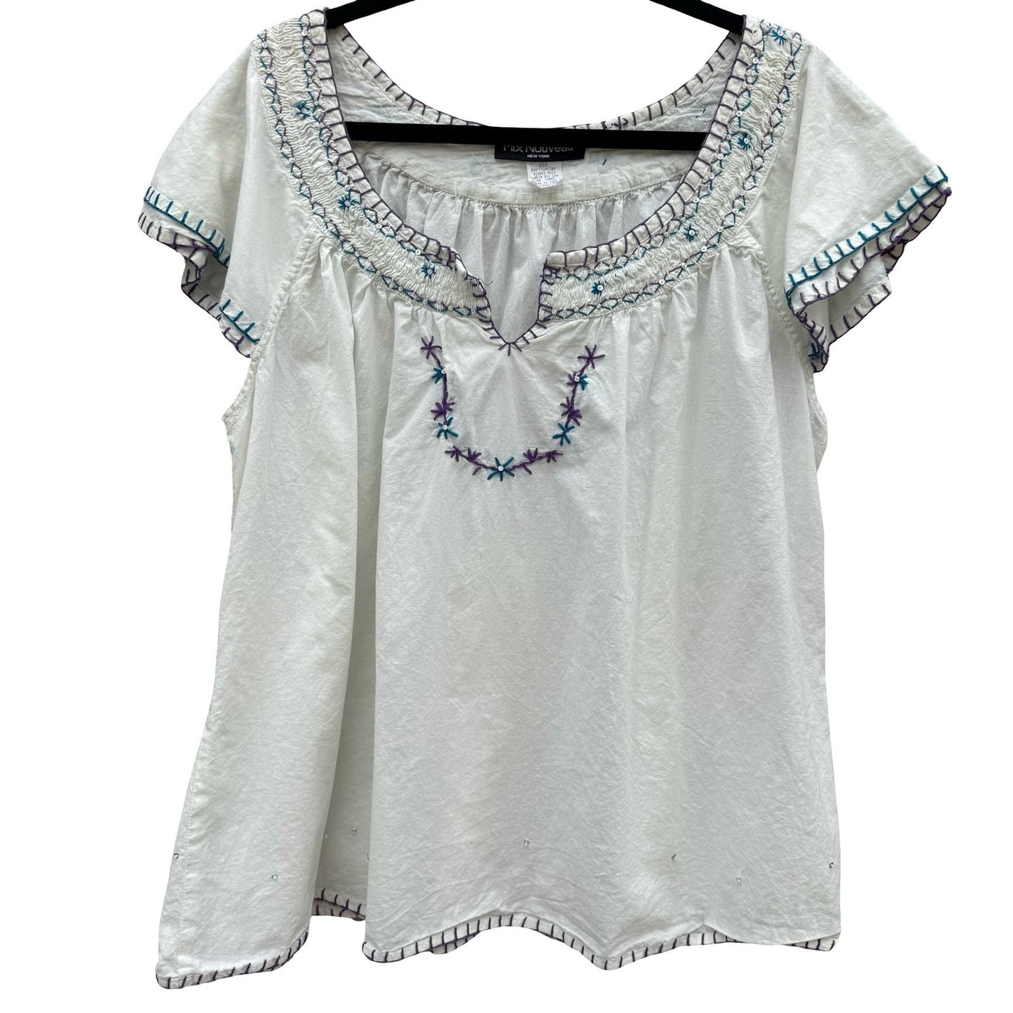 Mix Nouveau White Smocked Embroidered Cotton Peasant Blouse Womens 22 Boho Top