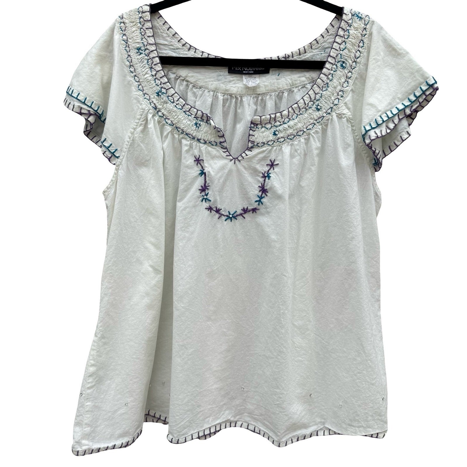 Mix Nouveau White Smocked Embroidered Cotton Peasant Blouse Womens 22 Boho Top