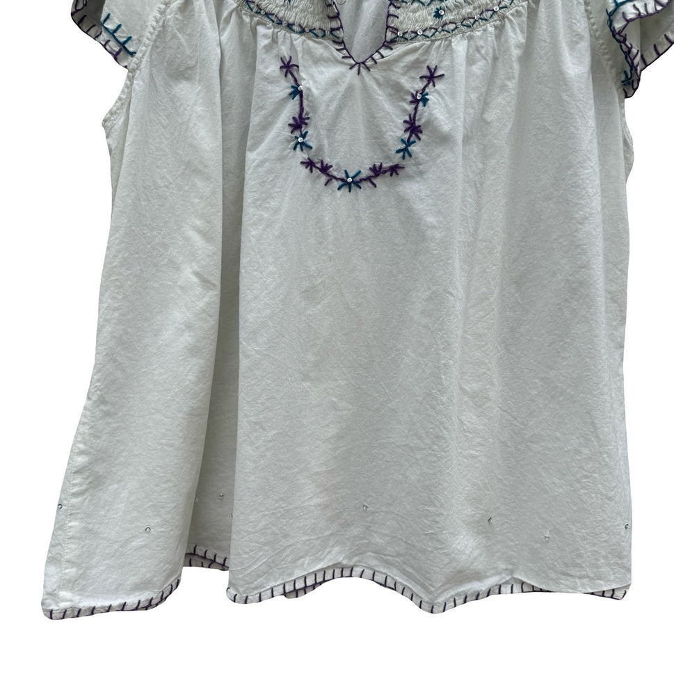 Mix Nouveau White Smocked Embroidered Cotton Peasant Blouse Womens 22 Boho Top