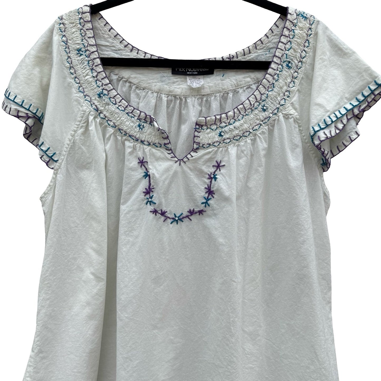 Mix Nouveau White Smocked Embroidered Cotton Peasant Blouse Womens 22 Boho Top